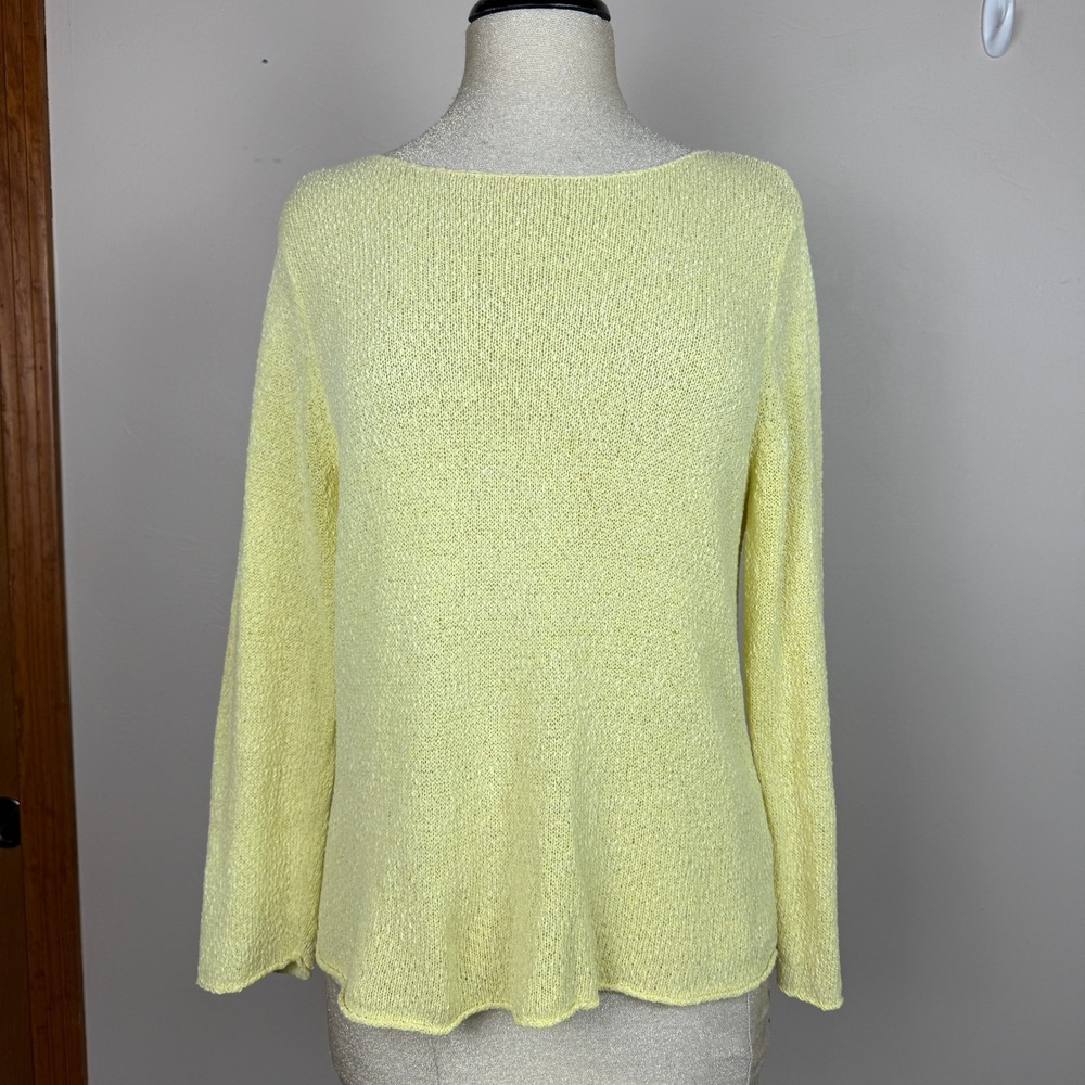 Eileen Fisher Sweater Womens L Yellow Open Stitch Boat Neck Coastal Quiet Luxury